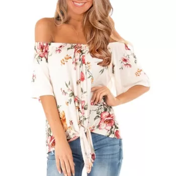 Flower Off houlder Tie Hem T-shirt - White