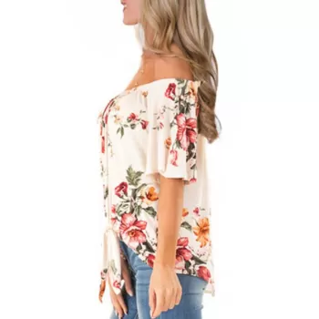 Flower Off houlder Tie Hem T-shirt - White