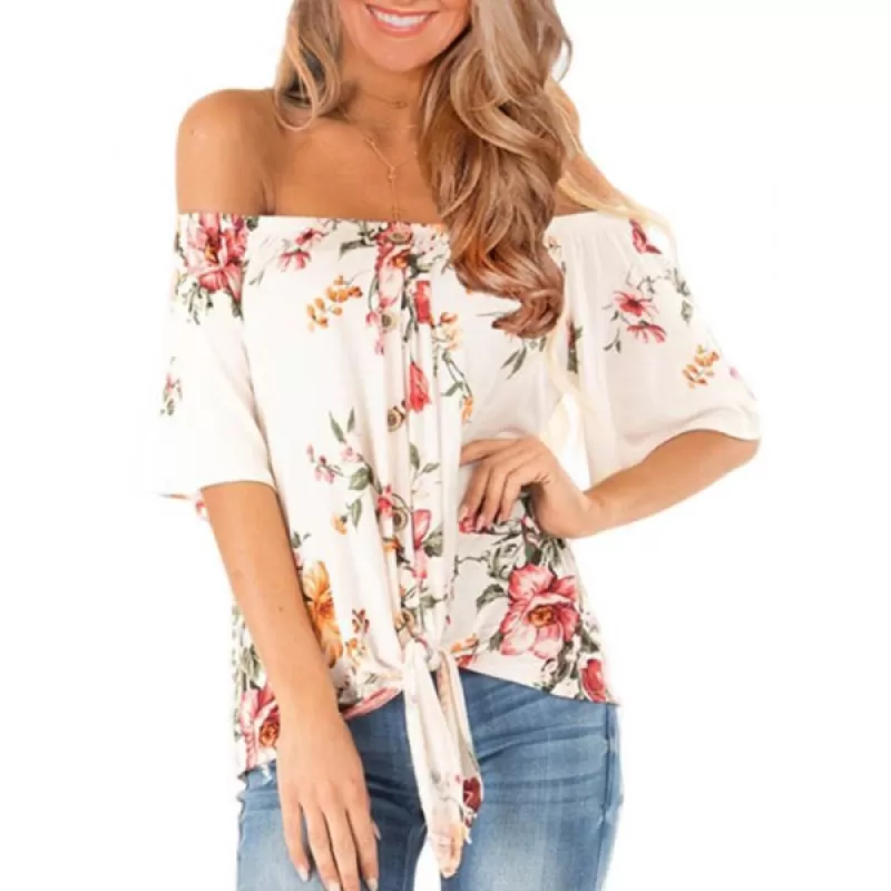 Flower Off houlder Tie Hem T-shirt - White