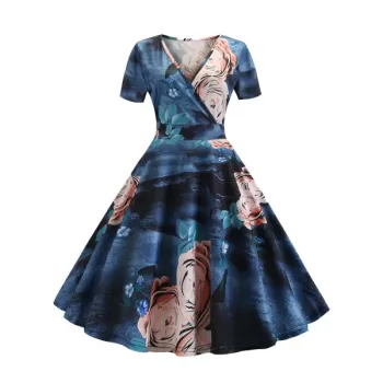 Flower Plunging Short Sleeve Prom Dress - Blue