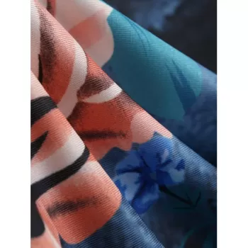 Flower Plunging Short Sleeve Prom Dress - Blue