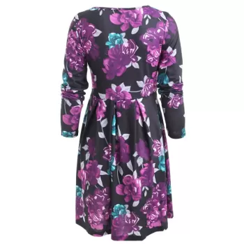 Flower Print A Line Casual Dress -