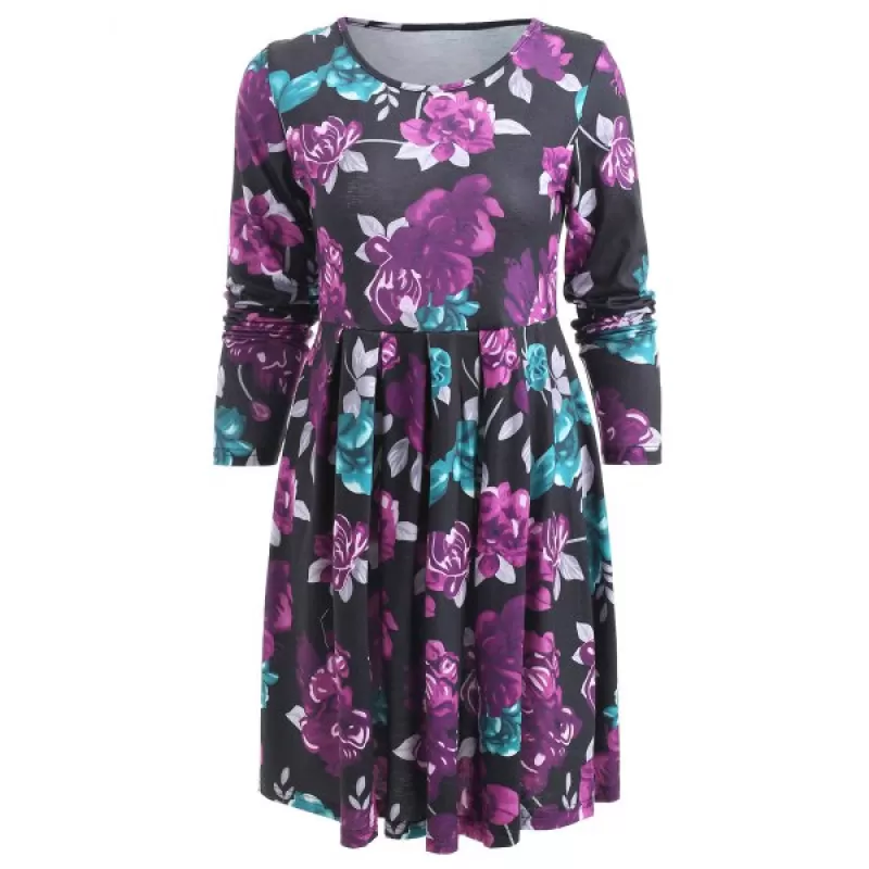 Flower Print A Line Casual Dress -