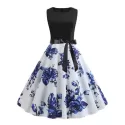 Flower Print Belted Knee ength Vintage Dress - Blue