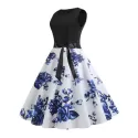 Flower Print Belted Knee ength Vintage Dress - Blue