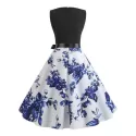 Flower Print Belted Knee ength Vintage Dress - Blue