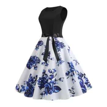 Flower Print Belted Knee ength Vintage Dress - Blue