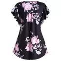 Flower Print Buttoned Notched Longline Tee - Black