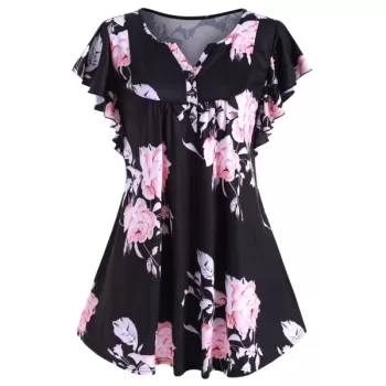 Flower Print Buttoned Notched Longline Tee - Black
