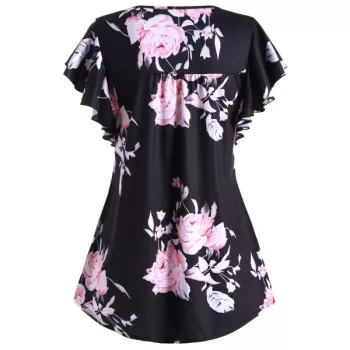 Flower Print Buttoned Notched Longline Tee - Black