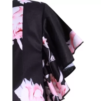 Flower Print Buttoned Notched Longline Tee - Black