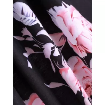 Flower Print Buttoned Notched Longline Tee - Black