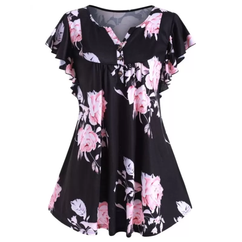 Flower Print Buttoned Notched Longline Tee - Black