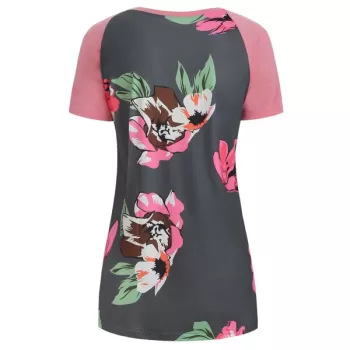 Flower Print Front Pocket Baseball Tee - Blush Red