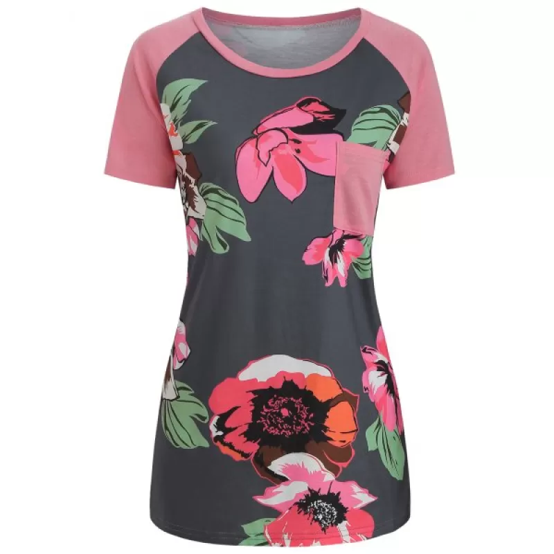 Flower Print Front Pocket Baseball Tee - Blush Red