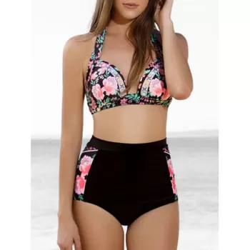 Flower Print Halter High Waisted Bikini wimsuit -