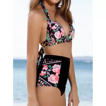 Flower Print Halter High Waisted Bikini wimsuit -