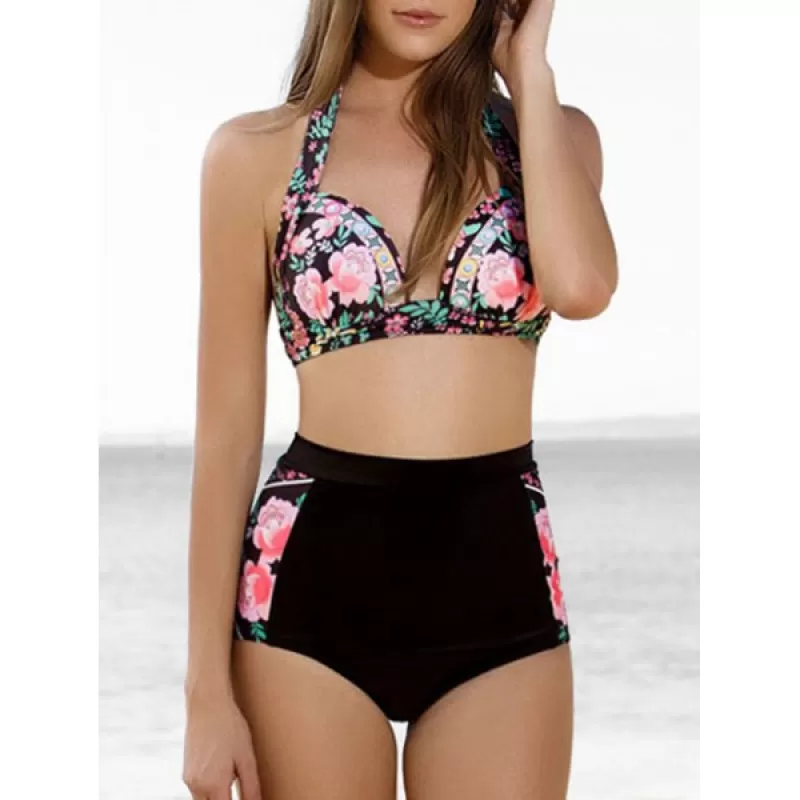 Flower Print Halter High Waisted Bikini wimsuit -