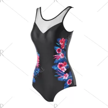 Flower Print One-piece Swimwear - Black