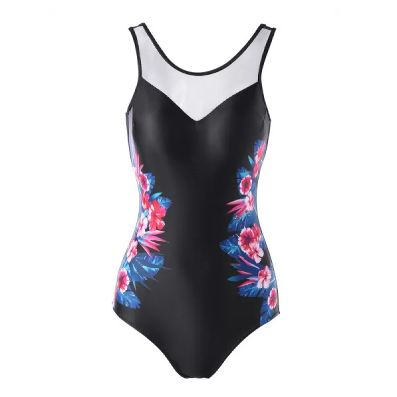 Flower Print One-piece Swimwear - Black