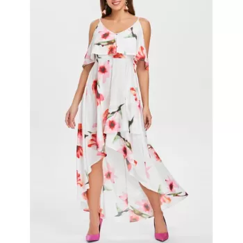 Flower Print Sleeveless Casual Flowing Dress - White