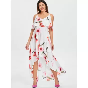 Flower Print Sleeveless Casual Flowing Dress - White