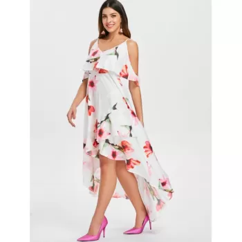 Flower Print Sleeveless Casual Flowing Dress - White