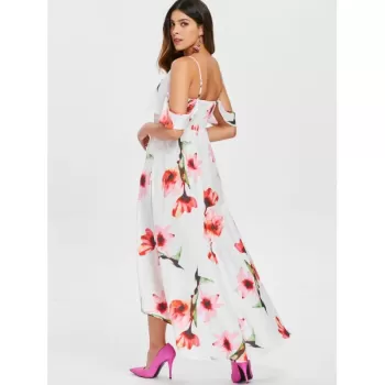 Flower Print Sleeveless Casual Flowing Dress - White