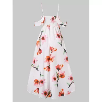 Flower Print Sleeveless Casual Flowing Dress - White