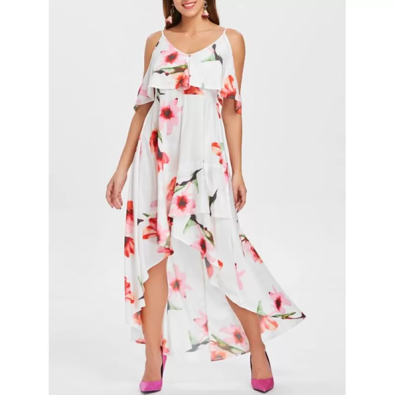 Flower Print Sleeveless Casual Flowing Dress - White