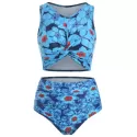 Flower Print Twist Front Padded Tankini Swimsuit - Blue