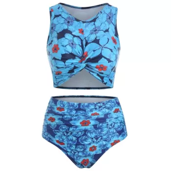 Flower Print Twist Front Padded Tankini Swimsuit - Blue