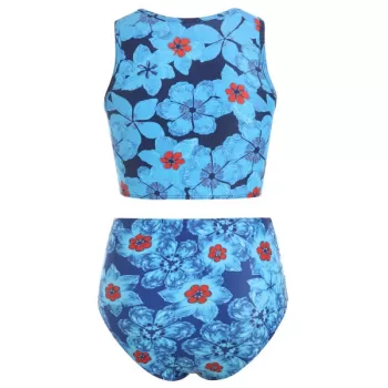 Flower Print Twist Front Padded Tankini Swimsuit - Blue