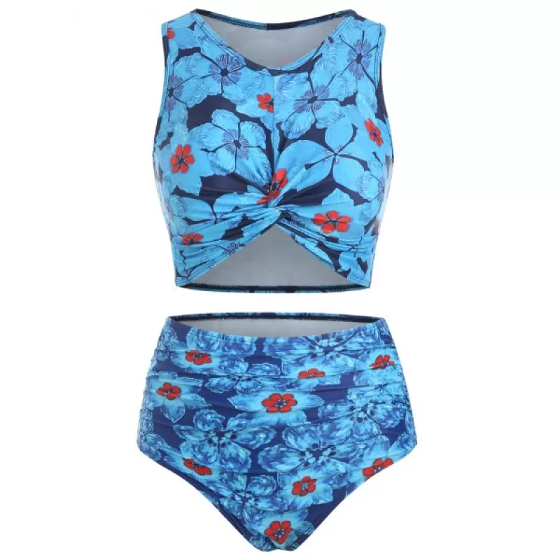 Flower Print Twist Front Padded Tankini Swimsuit - Blue