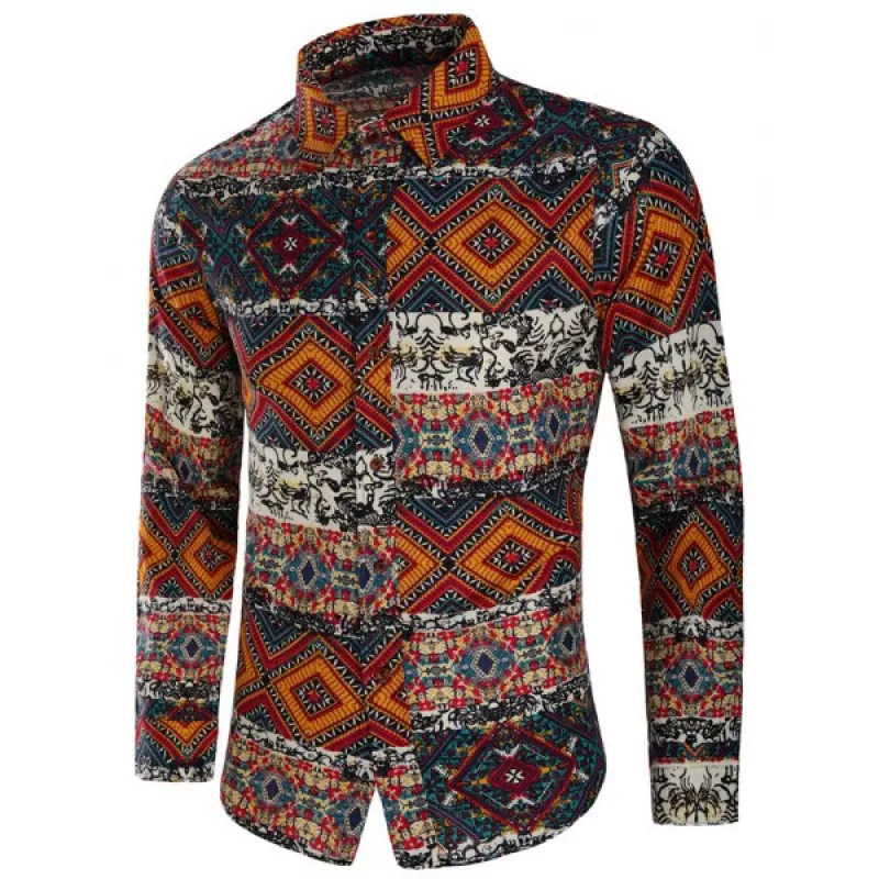 Flowers Geometric Tribal Print Casual Shirt -