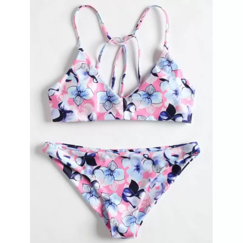 Flowers Print Low Waisted Bikini - Light Pink
