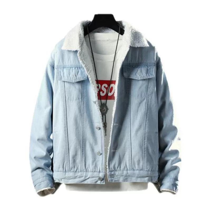 Fluffy Faux Fur Button Fly Denim Jacket - Light Blue