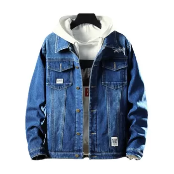 Fluffy Faux Fur Front Pocket Denim Jacket - Blue