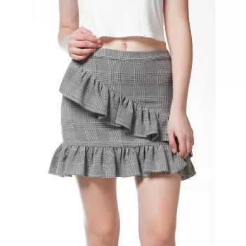 FRENCH BAZAAR Plaid Swing Ruffle ini Bodycon Skirt - Light Grey