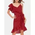 Frill Belted Broderie Faux Wrap Dress - Chestnut Red