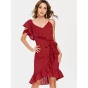 Frill Belted Broderie Faux Wrap Dress - Chestnut Red
