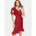 Frill Belted Broderie Faux Wrap Dress - Chestnut Red