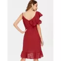 Frill Belted Broderie Faux Wrap Dress - Chestnut Red