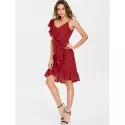 Frill Belted Broderie Faux Wrap Dress - Chestnut Red