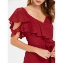 Frill Belted Broderie Faux Wrap Dress - Chestnut Red