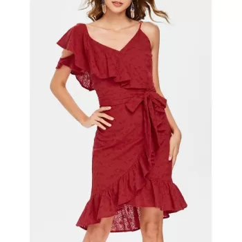 Frill Belted Broderie Faux Wrap Dress - Chestnut Red