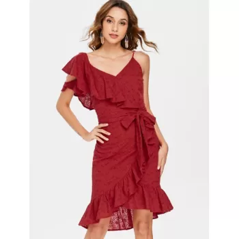 Frill Belted Broderie Faux Wrap Dress - Chestnut Red