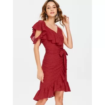 Frill Belted Broderie Faux Wrap Dress - Chestnut Red