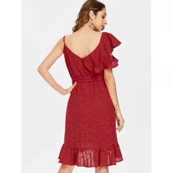 Frill Belted Broderie Faux Wrap Dress - Chestnut Red