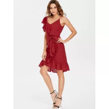 Frill Belted Broderie Faux Wrap Dress - Chestnut Red